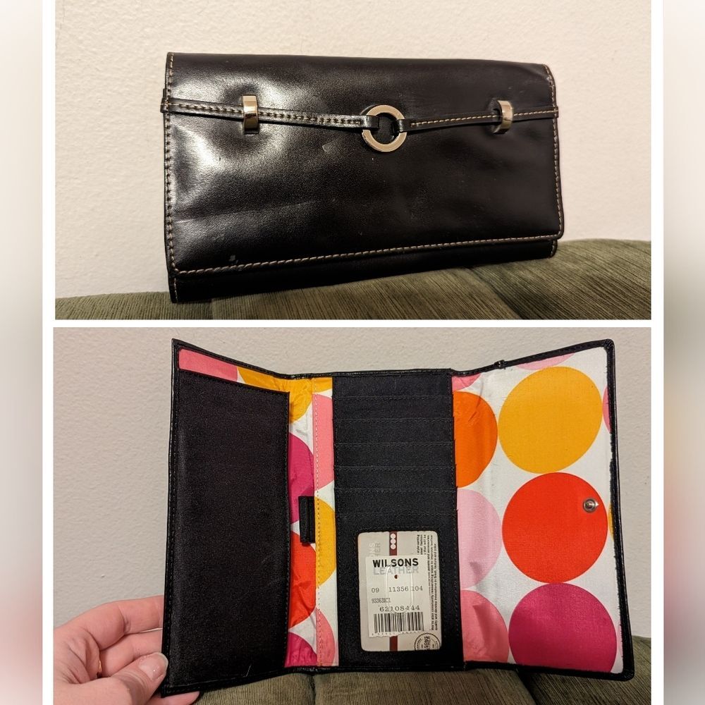 Wilsons Black Leather Checkbook and Card Wallet Organizer